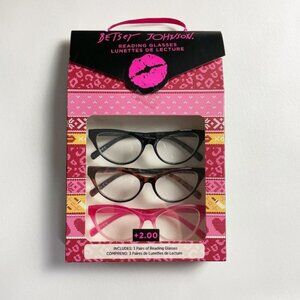 Betsey Johnson +2.00 Reading Glasses Pink Tortoise Black Cat Eye